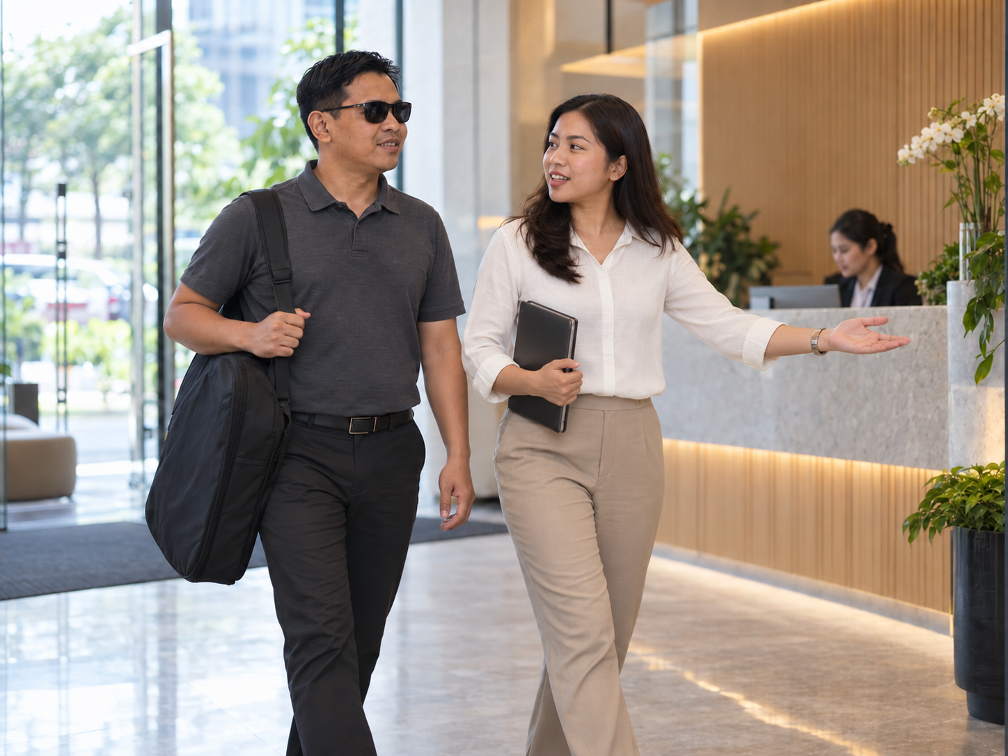 A Woorut therapist arriving at an office and speaking with an HR representative.